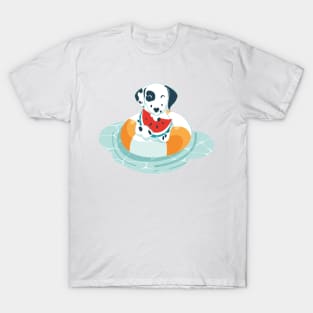 Summer pool pawty // aqua background Dalmatian dog breed in vacation playing on swimming pool T-Shirt